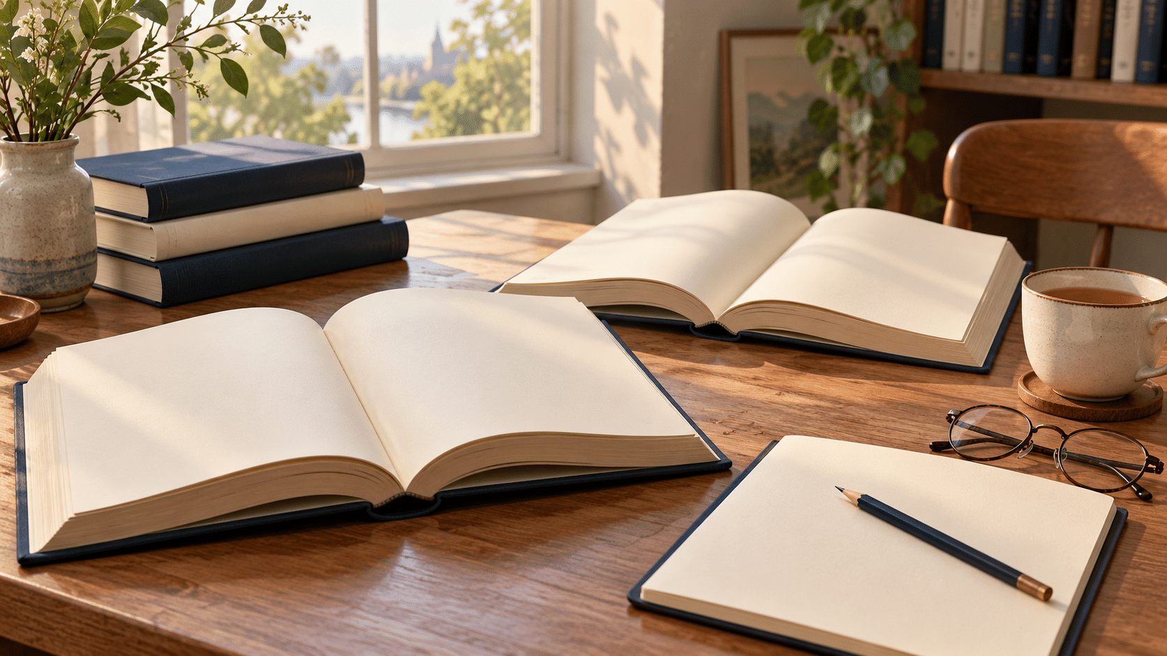 Раскрытые книги, блокнот, карандаш и очки на солнечном рабочем столе