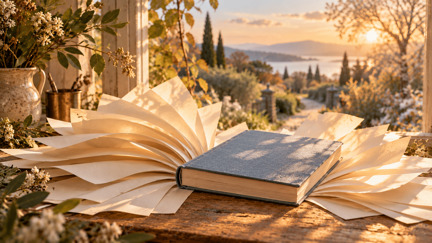 Закрытая книга на разложенных веером пустых листах у окна
