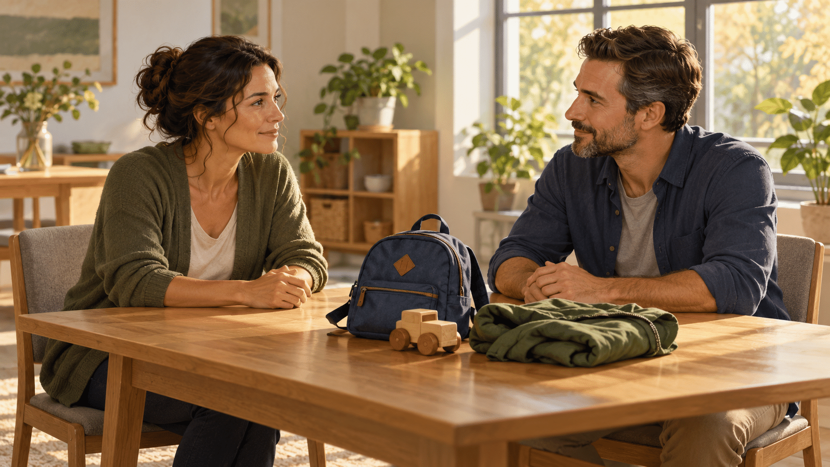 Женщина и мужчина беседуют за столом рядом с детским рюкзаком и деревянной игрушкой