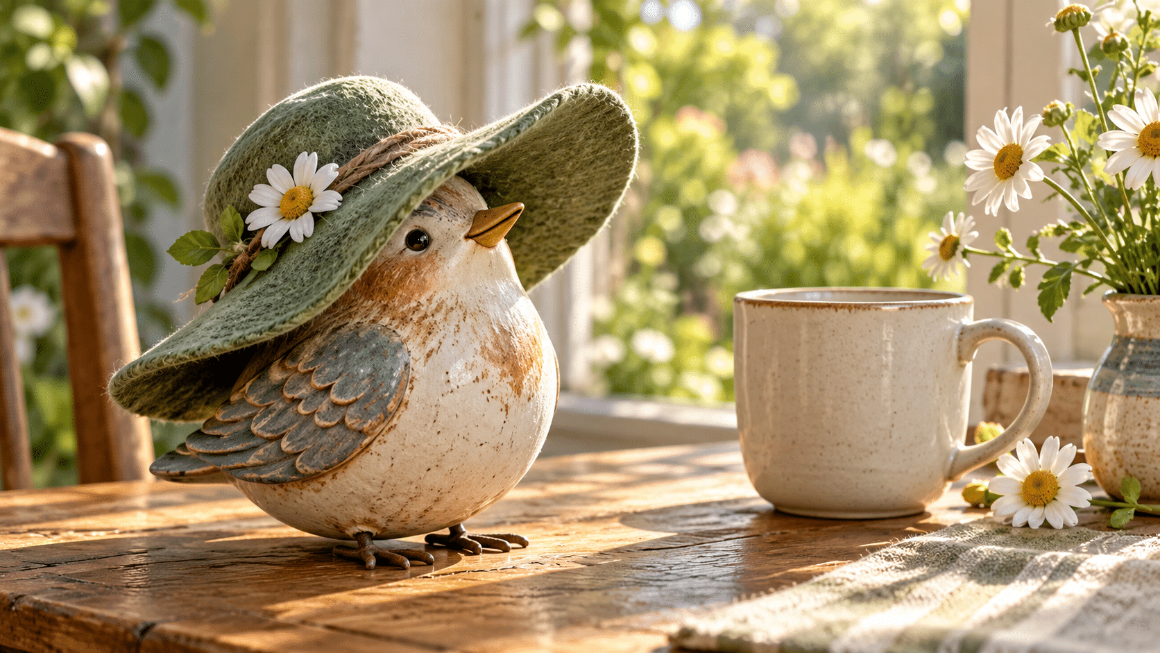 Фигурка птицы в большой зелёной шляпе рядом с чашкой